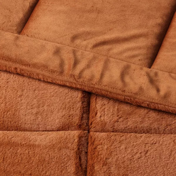 Luxe Box Stitch Faux Rabbit Fur Comforter and Sham Set Brown - Full/Queen