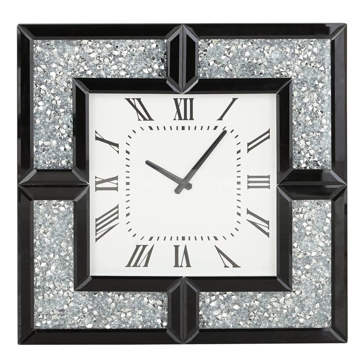 Glass Mirrored Wall Clock with Floating Crystals Black - Silent, Square, Glam Style Decor