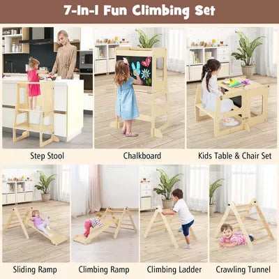 7-in-1 Toddler Climbing Toy Set with Reversible Ramp Convertible Step Stool Multi-colored/Natural