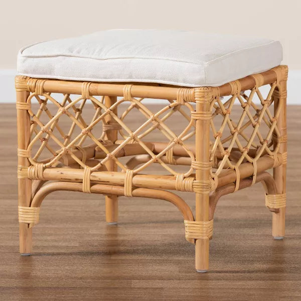 Orchard Fabric Upholstered and Rattan Ottoman White/Natural SHOWROOM ITEM