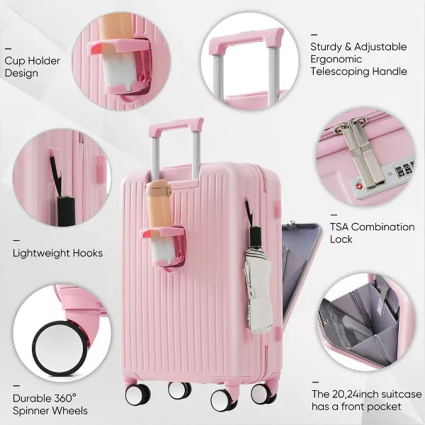ABS Hard Shell Luggage Sets, Front Opening Suitcase with USB Port, Cup Holder and Spinner Wheels 4W