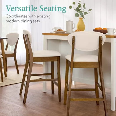 2-Piece Mid-Century Modern Wood and Upholstered Counter Height Bar Stool Set