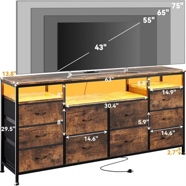 10 Drawer TV Stand Long Fabric Dresser with LED Lights & Power Outlets, Entertainment Center with Storage