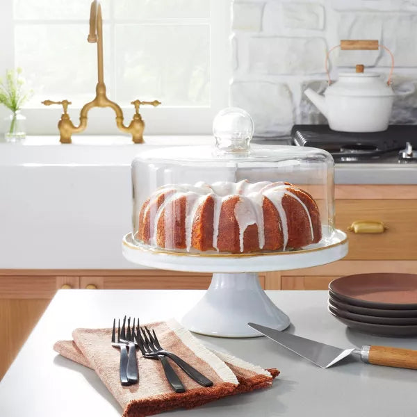 Stoneware Reactive Glaze Cake Stand with Glass Cloche