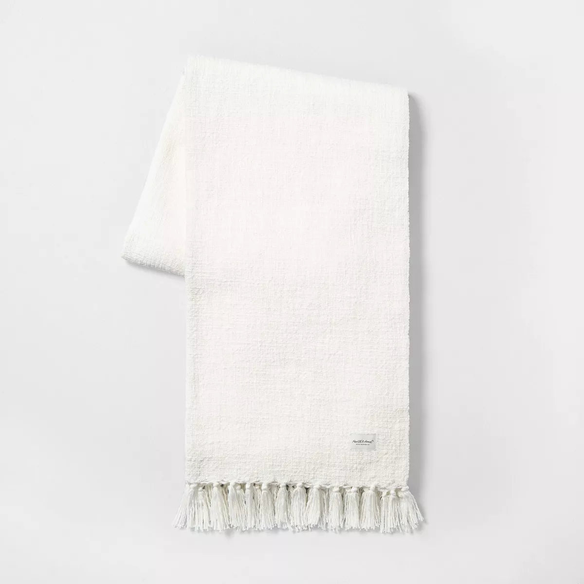 Knotted Fringe Throw Blanket White - Hearth & Hand™ with Magnolia: Cotton Dobby Weave, Farmhouse Style, 55x80" SHOWROOM ITEM