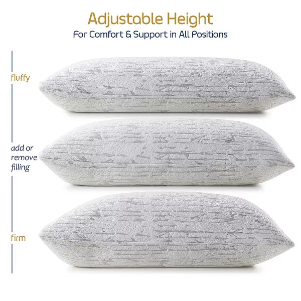 King Memory Foam Bamboo Pillow, Set of 2 - Adjustable Removable Cover