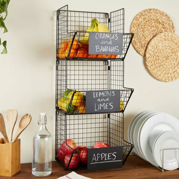 Black 3-Tier Metal Wire Hanging Basket Organizer, Storage Bins, Kitchen Pantry Organization Home Decor, Blank Plates