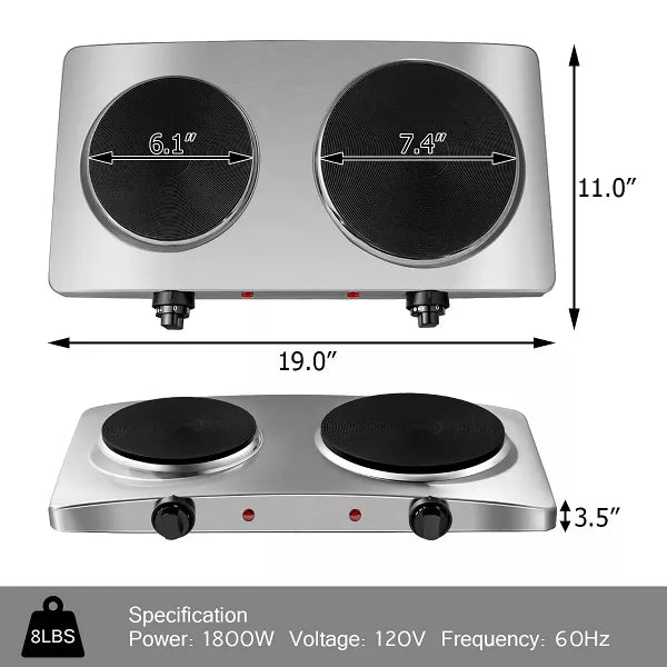 1800W Double Hot Plate Electric Countertop Burner Stainless