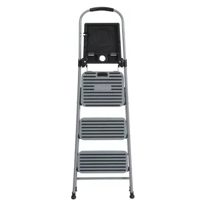 3 Step All Steel Step Stool with Tray: Folding Ladder, Silver, 3 Rungs