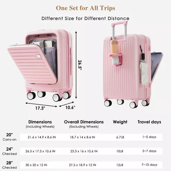 ABS Hard Shell Luggage Sets, Front Opening Suitcase with USB Port, Cup Holder and Spinner Wheels 4W