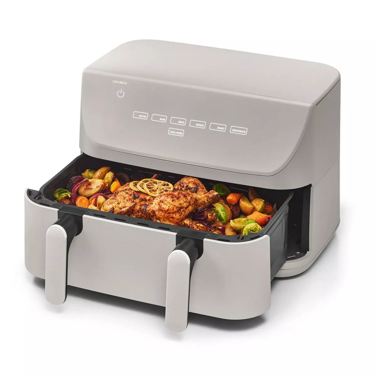 Dual Basket Tri-Zone Air Fryer Gray: Cool Touch Handle, Includes Fry Basket & Crisping Tray