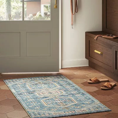 Washable Persian Style Medallion Accent Rug Blue Traditional Flat Pile - 2'3"x3'9"