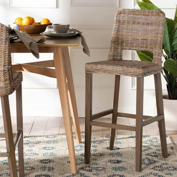 Magy Rattan and Mahogany Wood Barstool Kubu Gray/Rustic Taupe