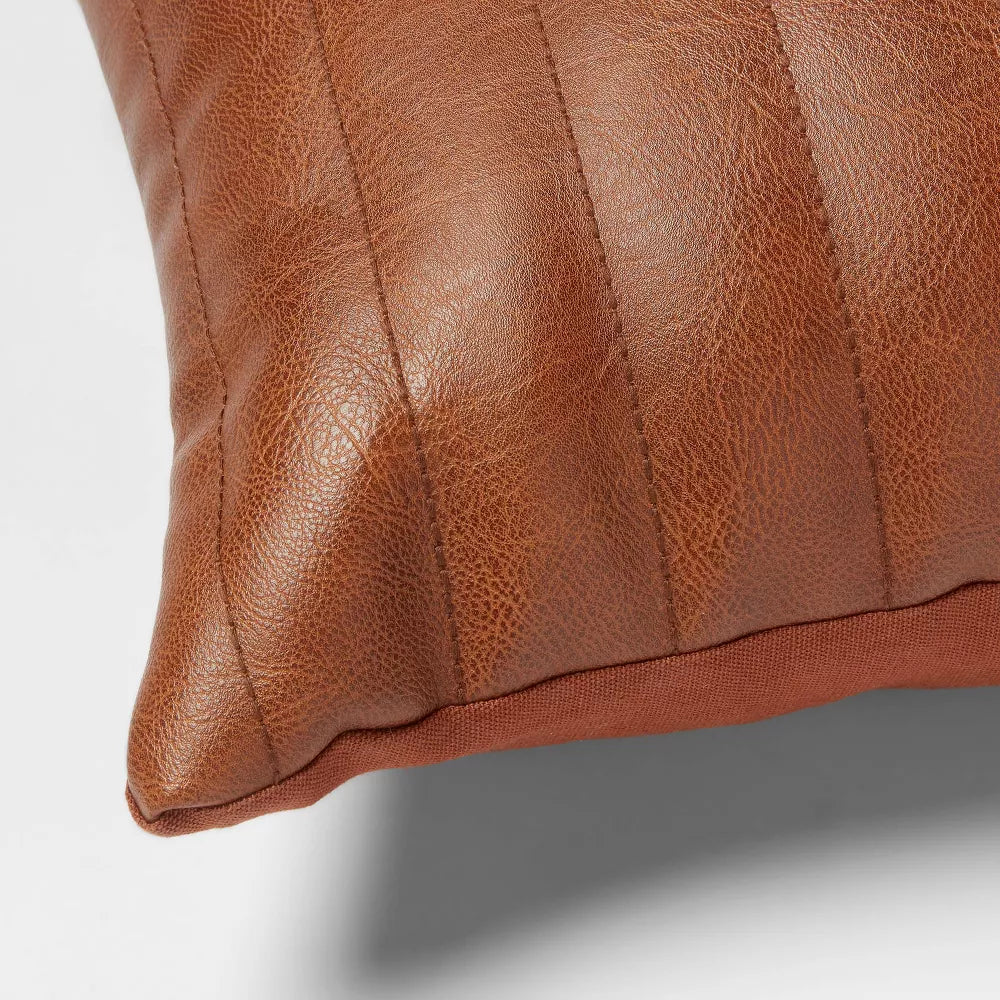 Lumbar Faux Leather Channel Stitch Decorative Throw Pillow