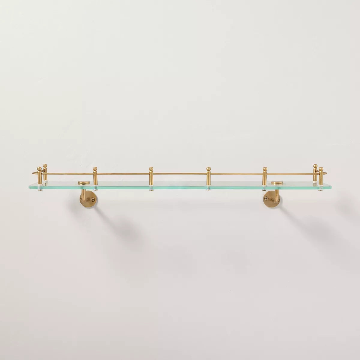 Decorative Glass Wall Shelf with Brass Rail -  No Assembly, Wall-Mounted