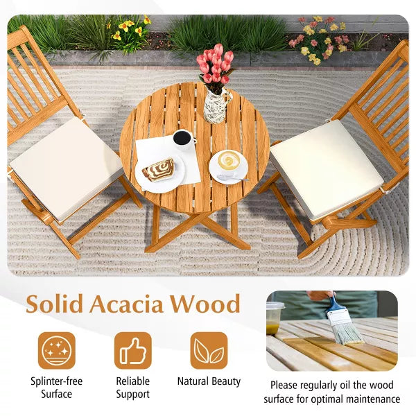 2 PCS Patio Bistro Set Acacia Wood Folding Set w/ Round Coffee Table & Padded Cushion Outdoor Chair and Table Set for Balcony Garden Beige