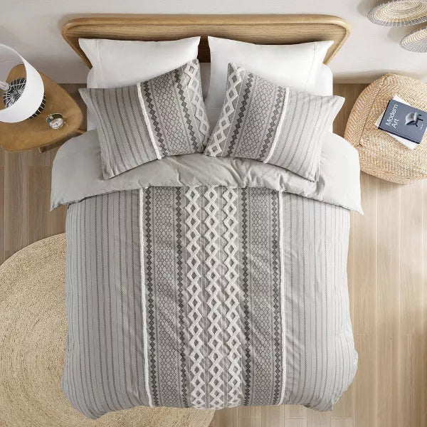 3pc Imani Cotton Printed Duvet Cover Set with Chenille - King/California King