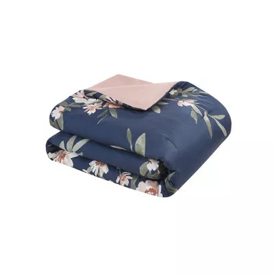 Leilani Floral Print Comforter Bedding Set Navy/Blush- King