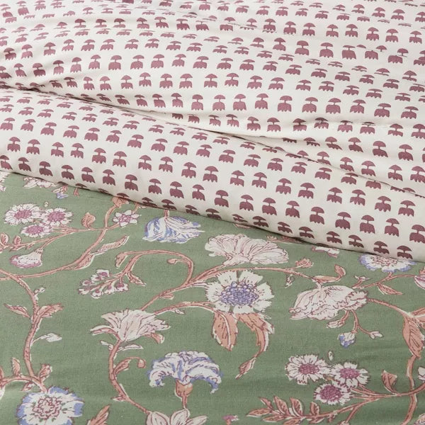 Boho Reversible Printed Comforter & Sham Set Green Floral, Twin