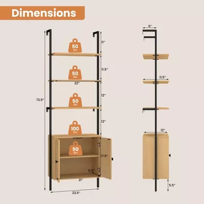 1/2 PCS Ladder Bookshelf with Rattan Cabinet Tall Wall Mounted Bookcase Natural