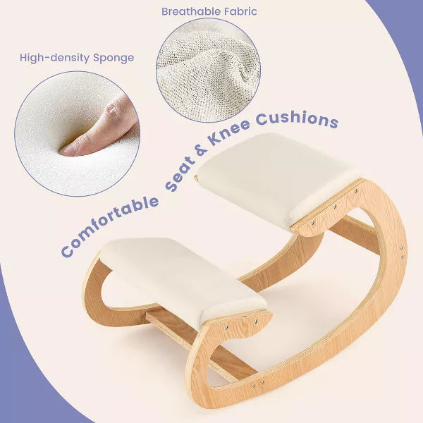 Ergonomic Kneeling Chair Wooden Rocking Chair with Comfortable Padded Seat Cushion & Knee Support Upright Posture Support Chair for Back Pain Relief Beige/Black/Gray
