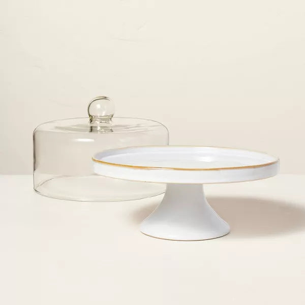 Stoneware Reactive Glaze Cake Stand with Glass Cloche