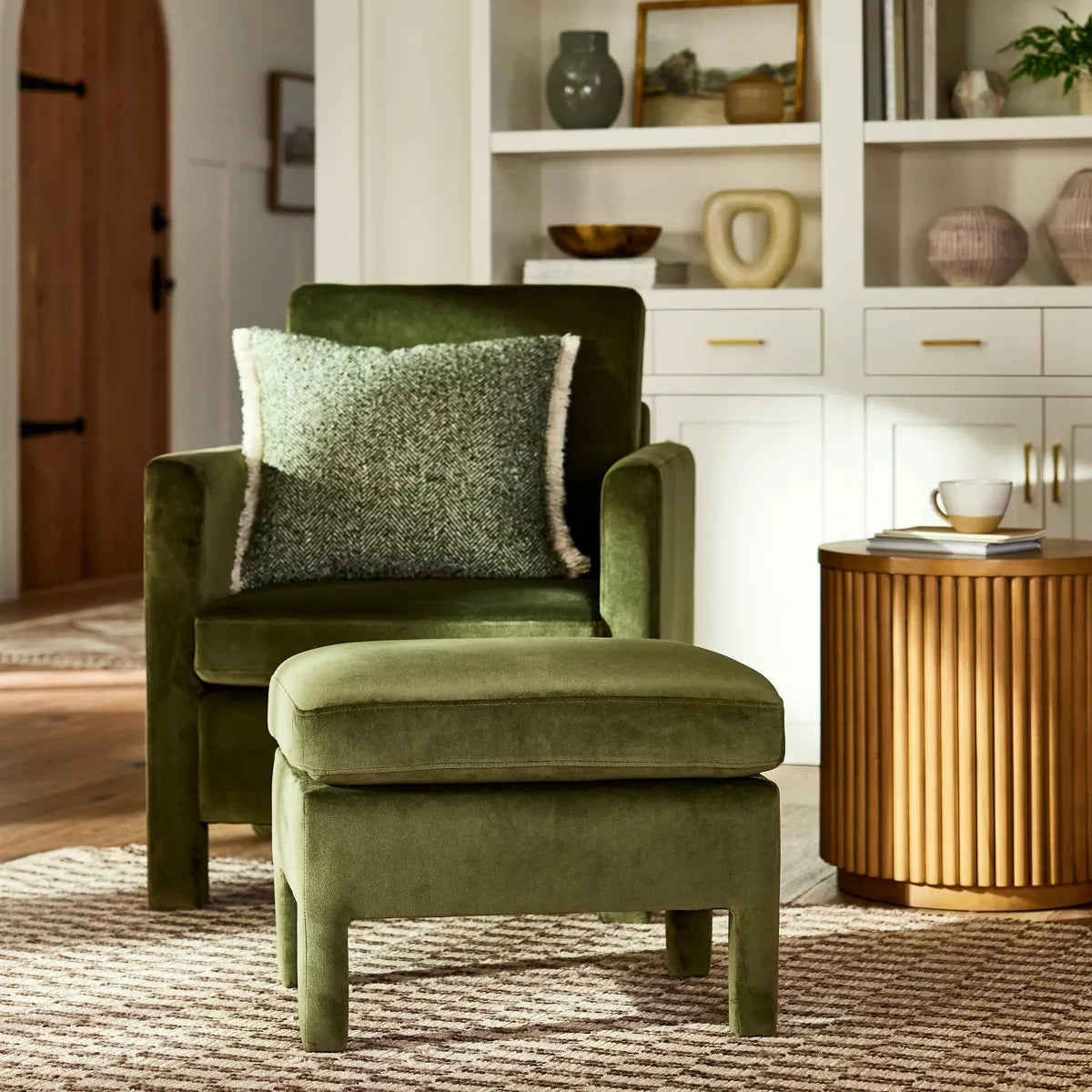Bellfield Fully Upholstered Ottoman - Olive Green Velvet SHOWROOM ITEM