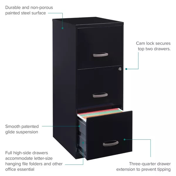 Industries Space Solutions File Cabinet 3 Drawer - Black: Vertical Steel Storage, GreenGuard Certified