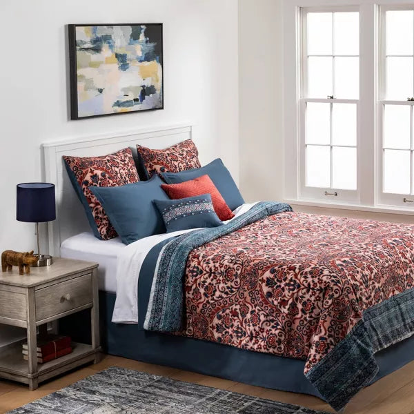 8pc Printed Paisley with Border Comforter Bedding Set Rose/Blue King