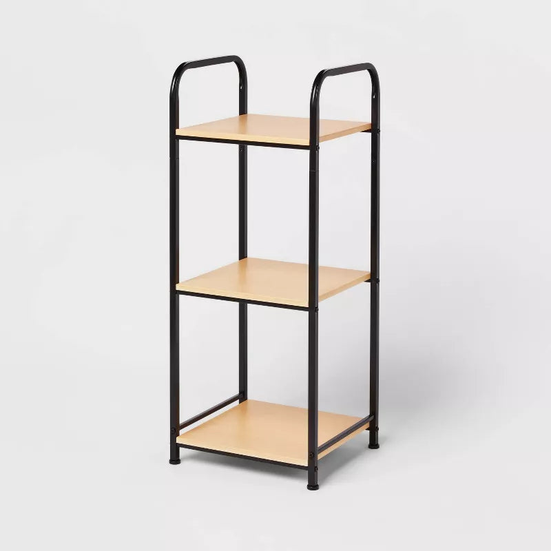 Short Bath Wood Storage Tower Black Metal