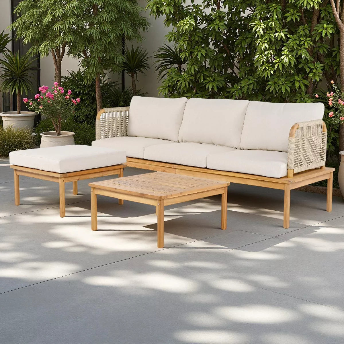 5-Piece Outdoor Patio L-Shaped Acacia Wood Rope Weave Sectional Sofa Set with 2 Chairs SHOWROOM ITEM