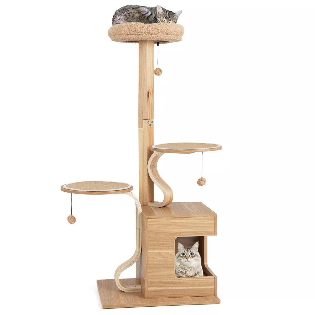 Wooden Cat Tree Tall Cat Tower w/ Cat Condo Plush Top Perch Jumping Platforms