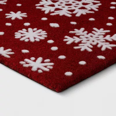 1'6"x2'6" Christmas Snowflakes Flocked Coir Doormat Red/White - Outdoor Medium Pile Rectangle Mat