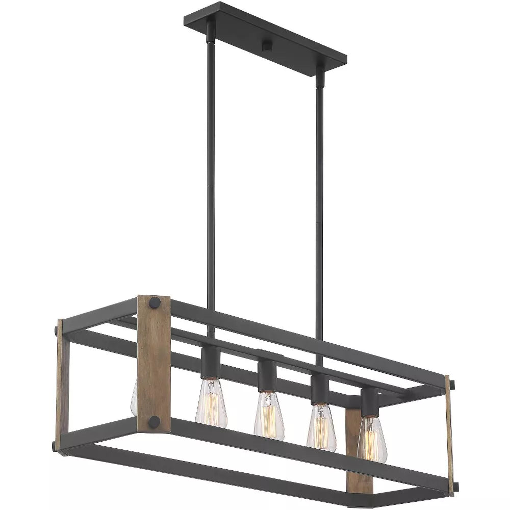 Black Linear Pendant Chandelier  Wide Rustic Farmhouse 5-Light Fixture for Kitchen Island Dining Room