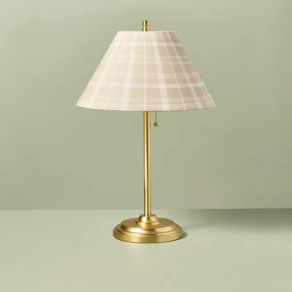 Brass Accent Table Lamp with Classic Plaid Shade Cream/Tan