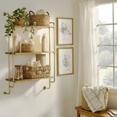 Wood & Brass Decorative 3-Tier Wall Shelf - Farmhouse Style, No Assembly, Iron Frame