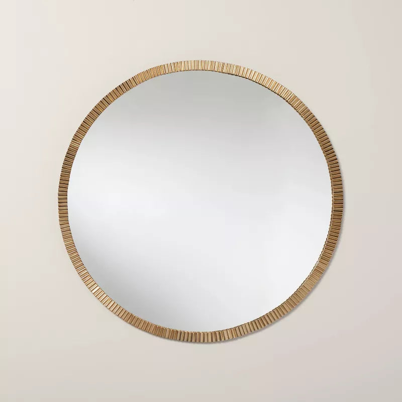 Pleated Brass Round Wall Mirror Antique Finish