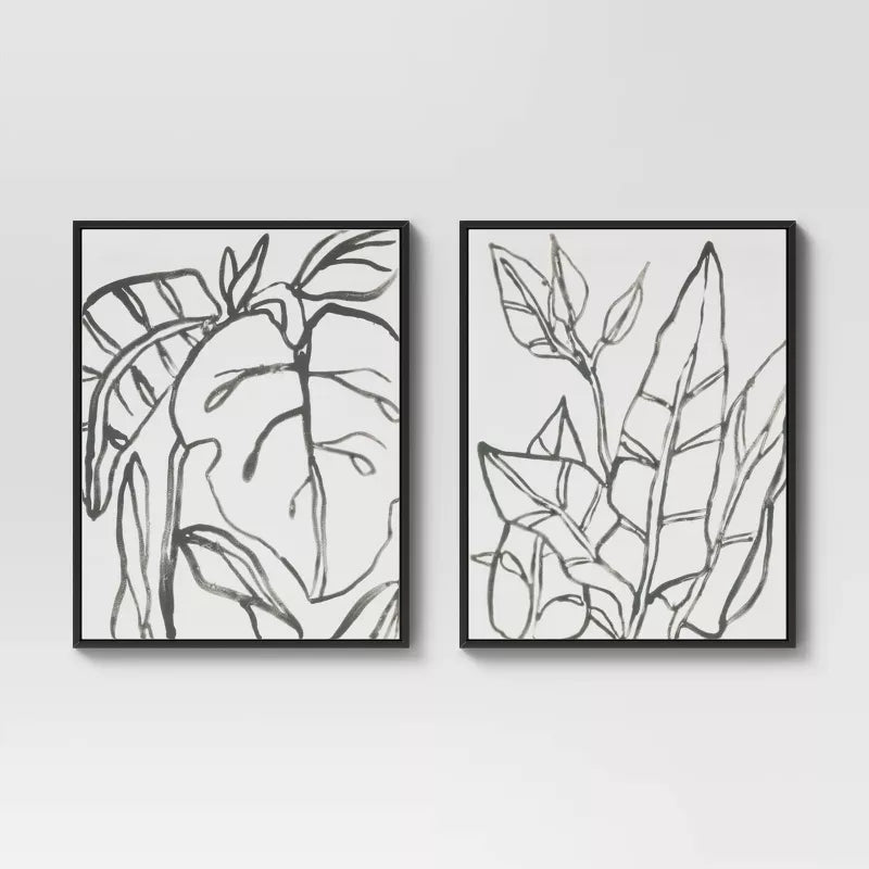 Botanical Sketch Framed Wall Canvas White/Black: Modern Vertical Digital Art Set