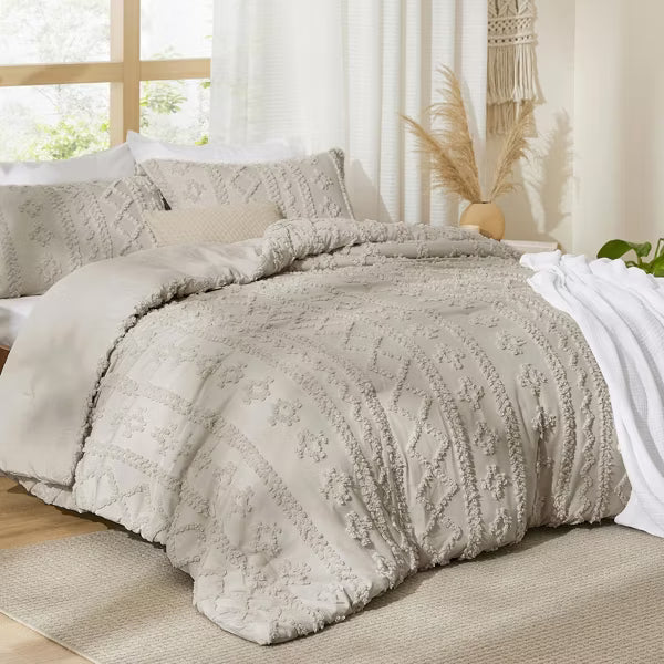 Tufted Boho Comforter Set Bed Set GentleSoft Farmhouse Shabby Chic Embroidery Bedding - Full