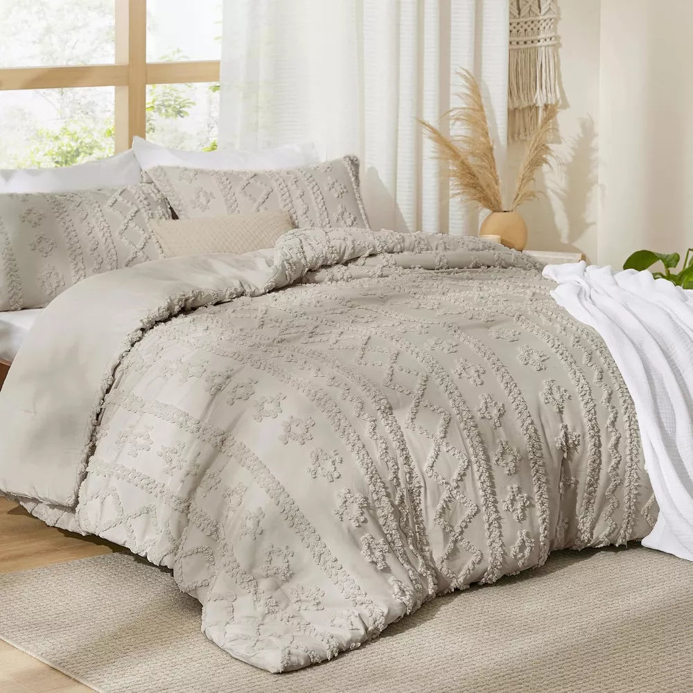 Tufted Boho Comforter Set Bed Set GentleSoft Farmhouse Shabby Chic Embroidery Bedding - Full