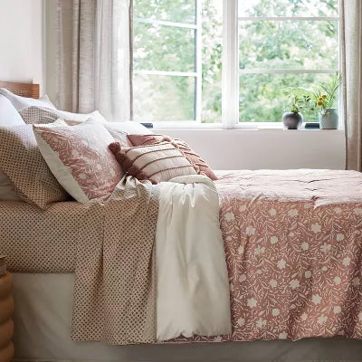 12pc Floral Boho Comforter & Sheets Set Terracotta Pink- Queen