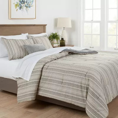 7pc Reversible Printed Stripe Comforter Bedding Set with Sheets Gray - King