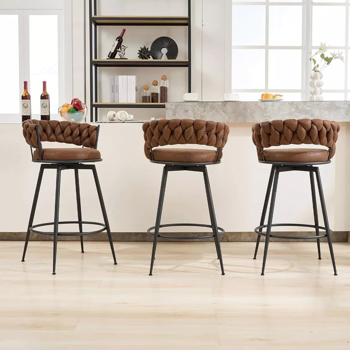 (Set of 3) 28" Swivel Suede Fabric Bar Stool with Woven Back and Footrest - Dark Brown SHOWROOM ITEM