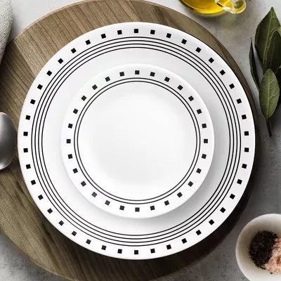 16pc Vitrelle City Block Dinnerware Set: Geometric Pattern, Service for 4, Includes Plates & Bowls, Dishwasher-Safe