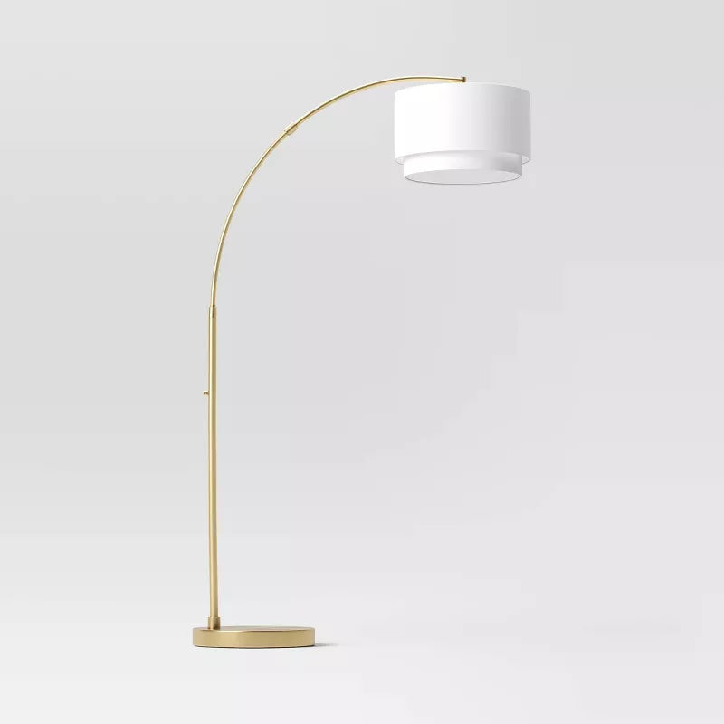 Knurled Metal Arc Floor Lamp with Tiered Shade Brass