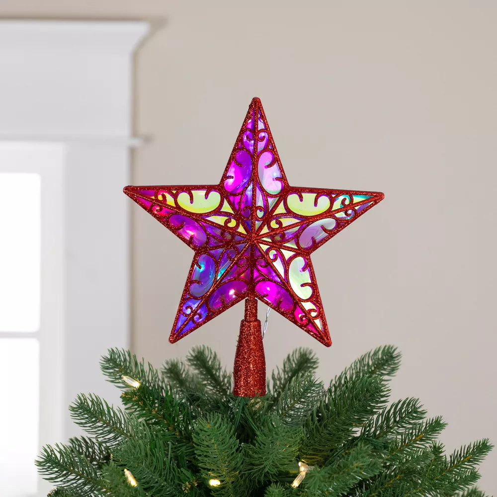 LED Lighted Star Glittered Christmas Tree Topper - Red - Multicolor Lights, final cut