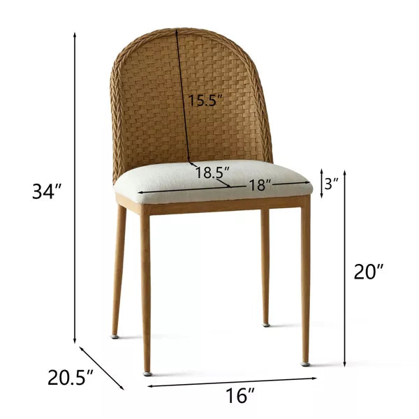 1-Piece Barcelona Rattan Dining Room Chair, Linen Dining Chair with Double Layer Rattan Back, Cane Dining Chair with Metal Legs