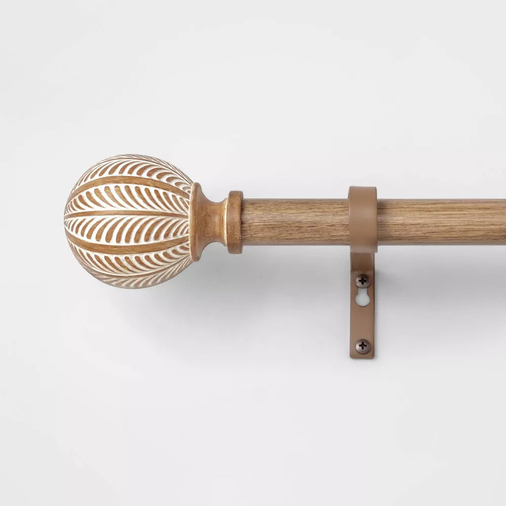 Carved Light Woodtone Ball Curtain Rod Natural