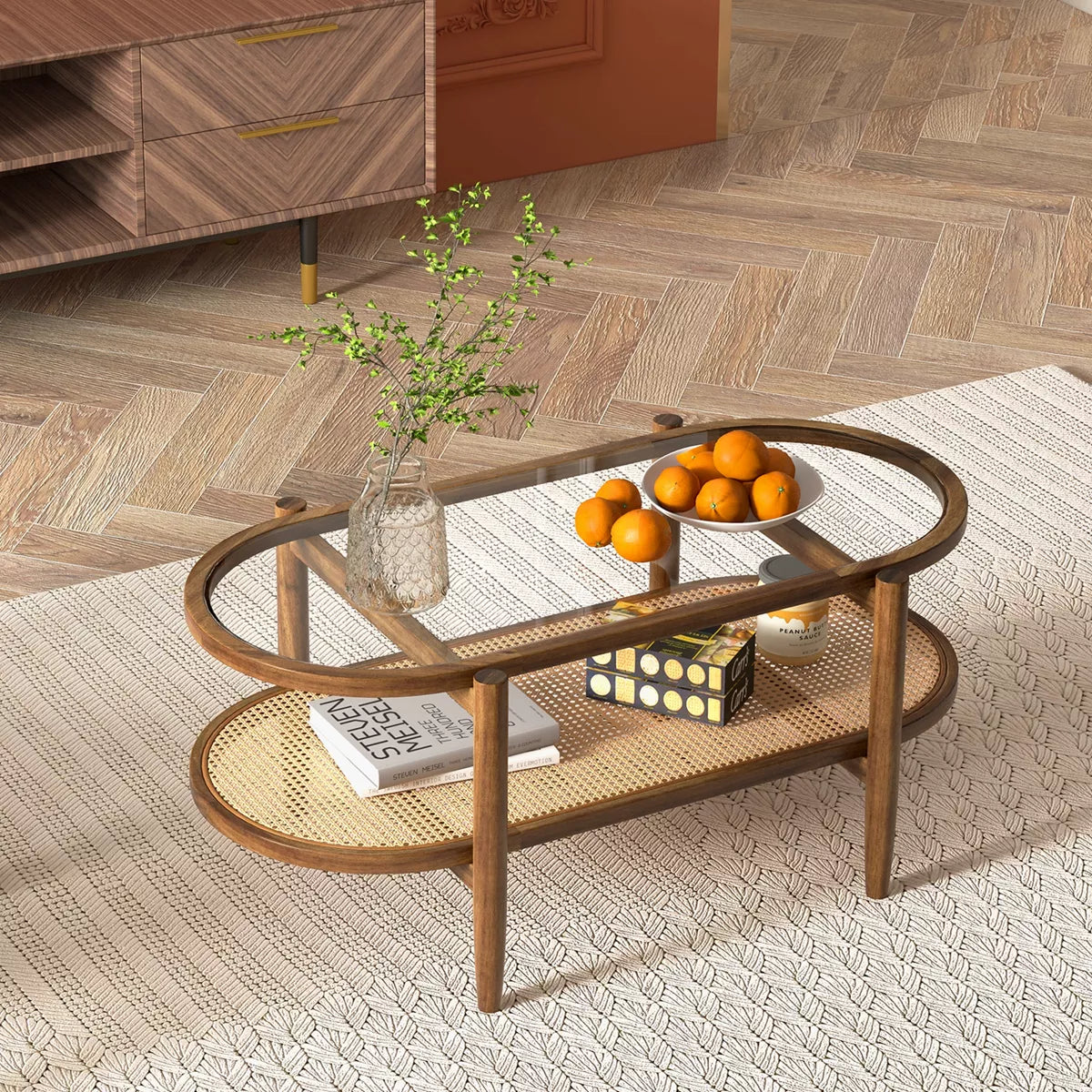2-Tier Coffee Table Tempered Glass Top with PE Rattan Shelf & Acacia Wood Frame Black/Brown