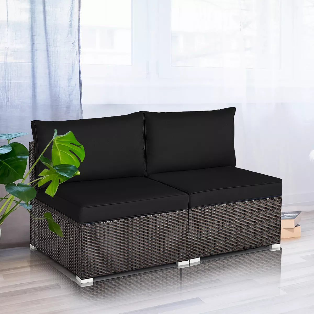 Costway 2pc Patio Rattan Armless Loveseat W/ Cushions - Black Cushion & Base SHOWROOM ITEM